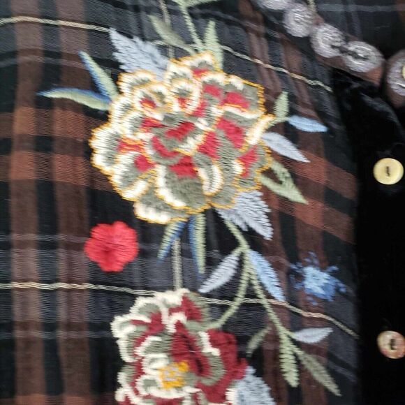 Johnny Was Workshop Button Down Shirt Plaid Embroidered Size Small S Floral - Picture 4 of 13